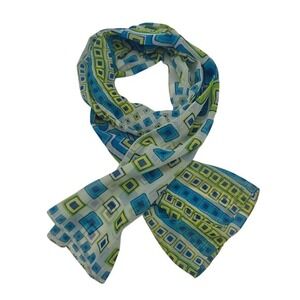 Vintage Style Geometric Square Print Sheer Oblong Scarf Blue Green Yellow